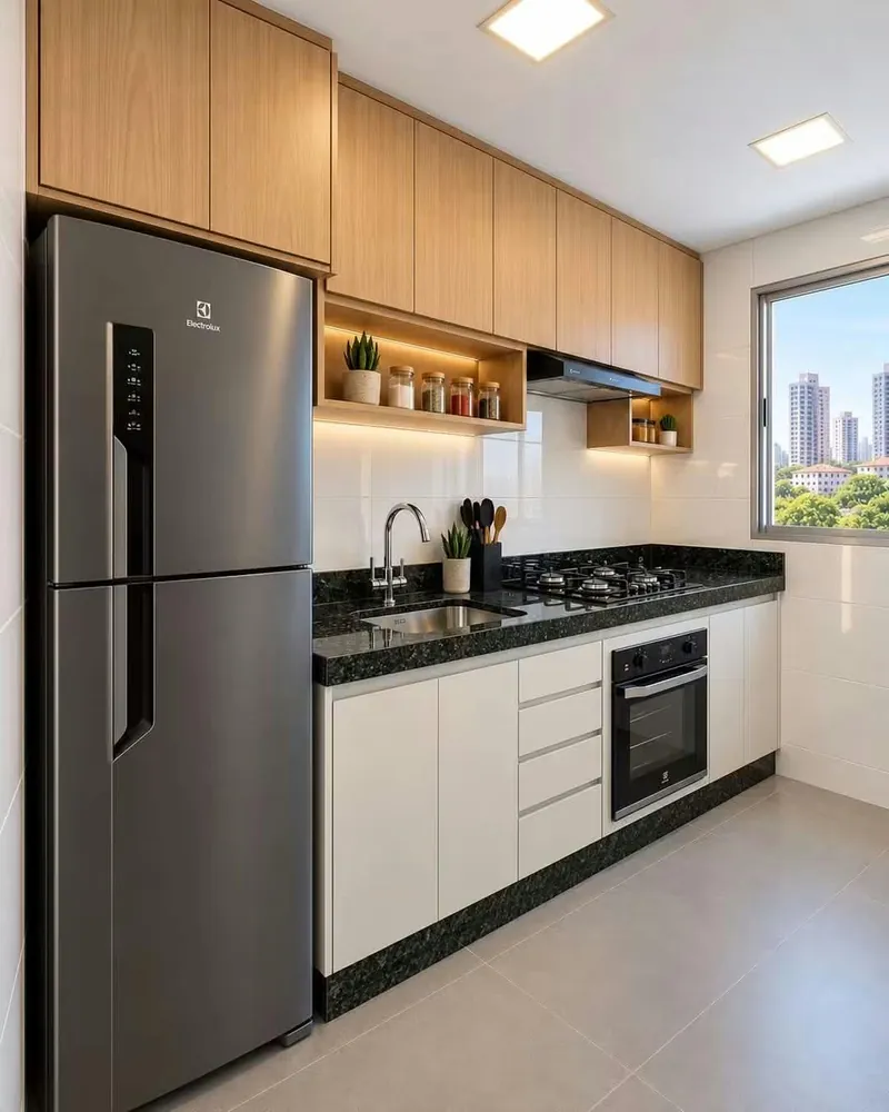 Cozinha compacta com armários amadeirados e bancada escura
