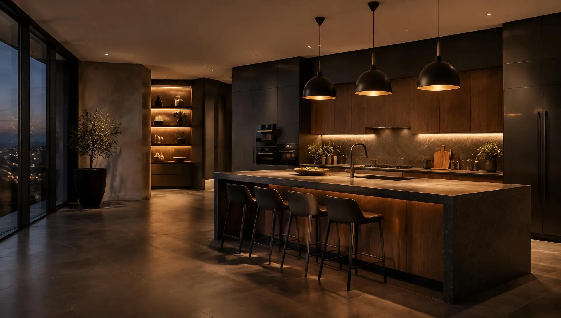 Cozinha planejada contemporânea com iluminação dourada